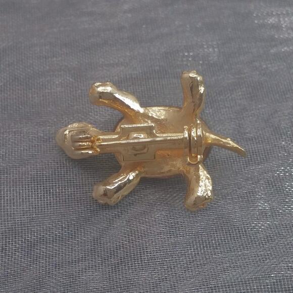 Vintage Jeweled Turtle Pin Red Rhinestone Eyes Detailed Shell Mini Brooch Golden - Picture 4 of 11